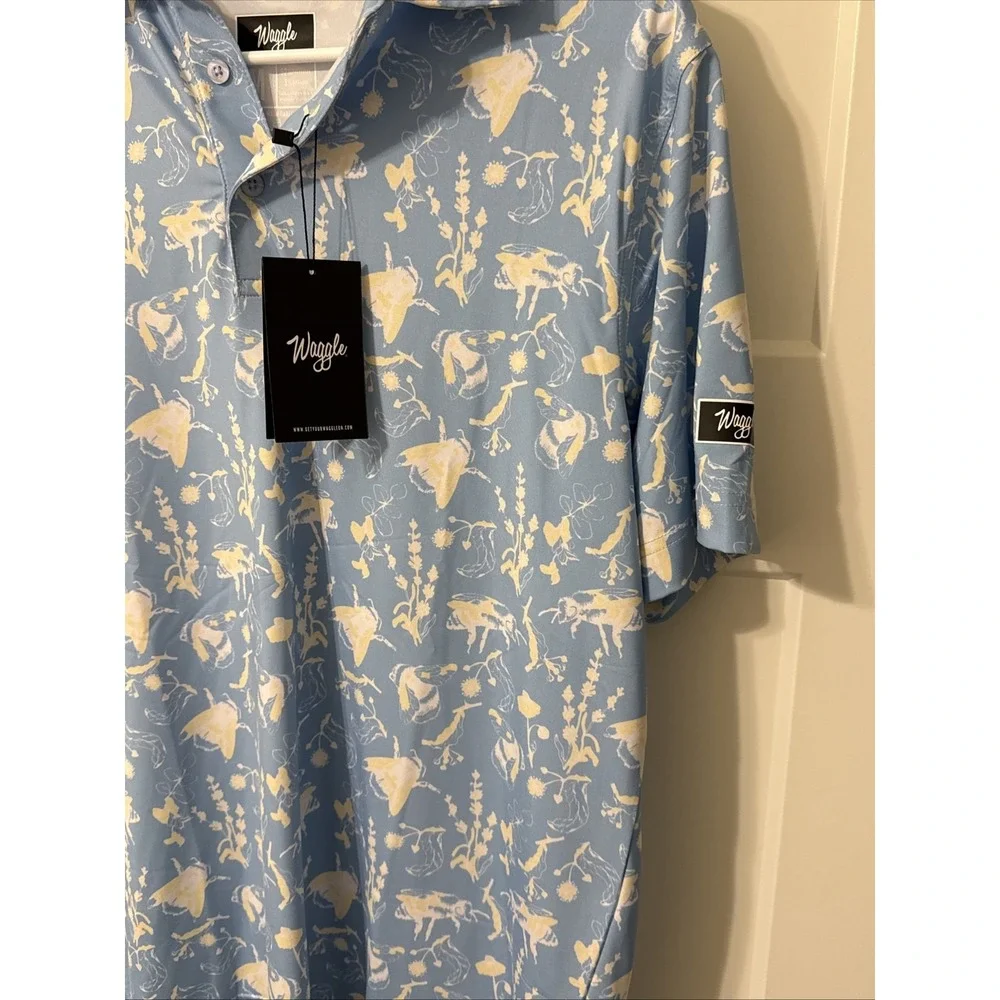 Waggle Golf Polo Buzzin' Bee & Floral Design Men's Size M Blue & Yellow NWT - Picture 2 of 4